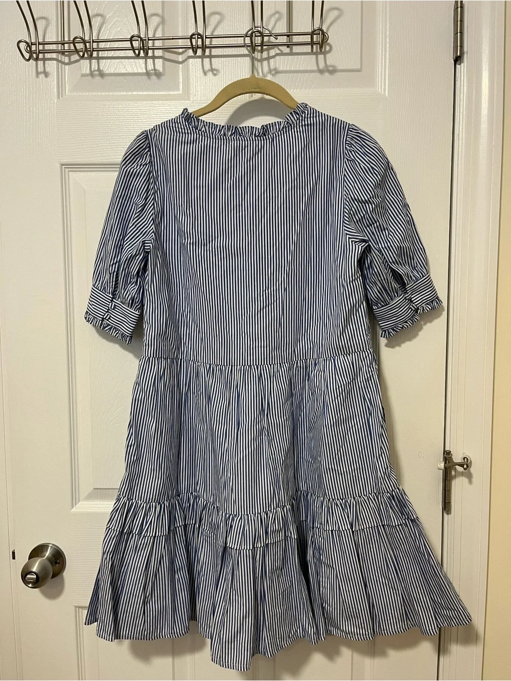 J. Crew Blue and White Striped Tiered Midi Dress